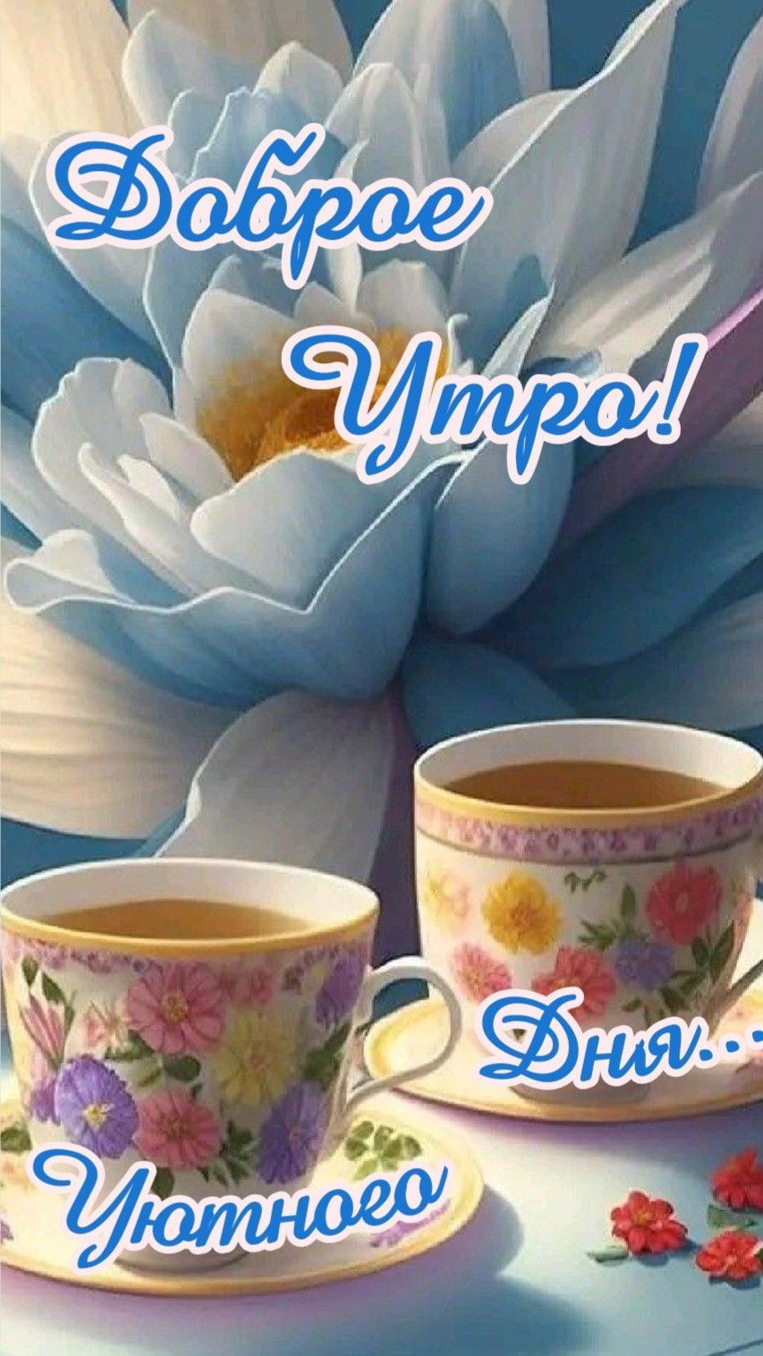 Открытка «С добрым утром»: Уютное утро с чашечкой кофе и нежными цветами. Тэги: пожелание, позитивная, хорошего дня…