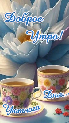 Открытка «С добрым утром»: Уютное утро с чашечкой кофе и нежными цветами. Тэги: пожелание, позитивная, хорошего дня…