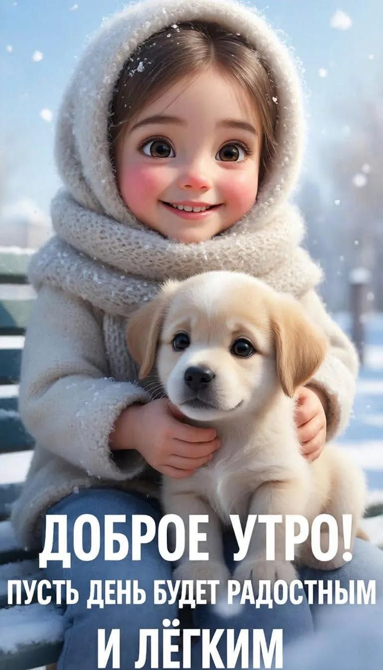 Открытка «С добрым утром»: Доброе утро с милой девочкой и прелестным щенком. Тэги: животное, пожелание, позитивная…