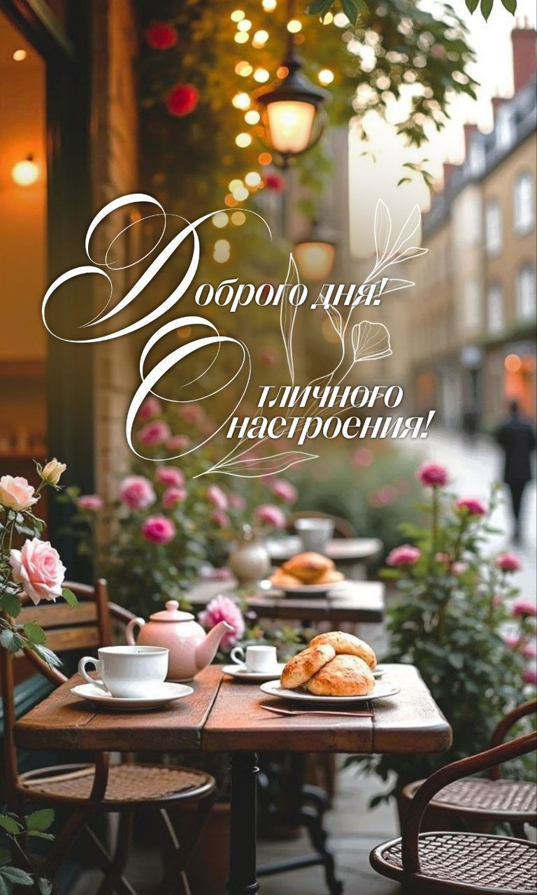 Открытка «Пожелание»: Доброго дня и уютного настроения в уличном кафе. Тэги: позитивная, хорошего дня, отличное настр…