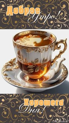 Открытка «С добрым утром»: Доброе утро! Хорошего дня с чашкой чая. Тэги: пожелание, хорошего дня, утро, красивая, кофе…