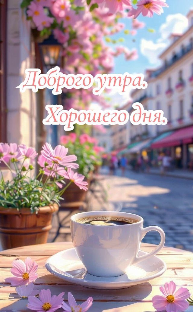 Открытка «С добрым утром»: Доброго утра и дня в уютной атмосфере весеннего кафе. Тэги: пожелание, позитивная, хорошег…
