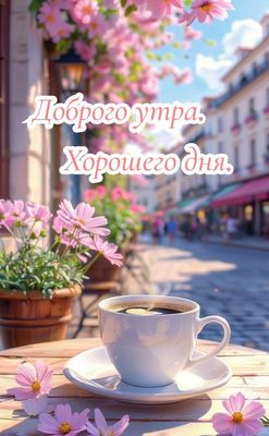 Открытка «С добрым утром»: Доброго утра и дня в уютной атмосфере весеннего кафе. Тэги: пожелание, позитивная, хорошег…