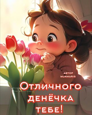 Открытка «Хорошего дня»: Отличного денёчка! Улыбка крошки и тюльпаны. Тэги: пожелание, позитивная, отличное настроение…