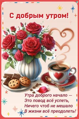 Открытка «С добрым утром»: С добрым утром: розы, кофе и вдохновляющий стих. Тэги: пожелание, позитивная, утро, красив…