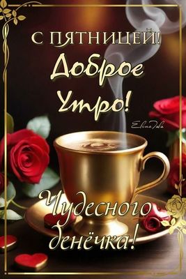 Открытка «С добрым утром»: Доброе утро пятницы: кофе, розы, чудесный день!. Тэги: пожелание, позитивная, утро, красив…