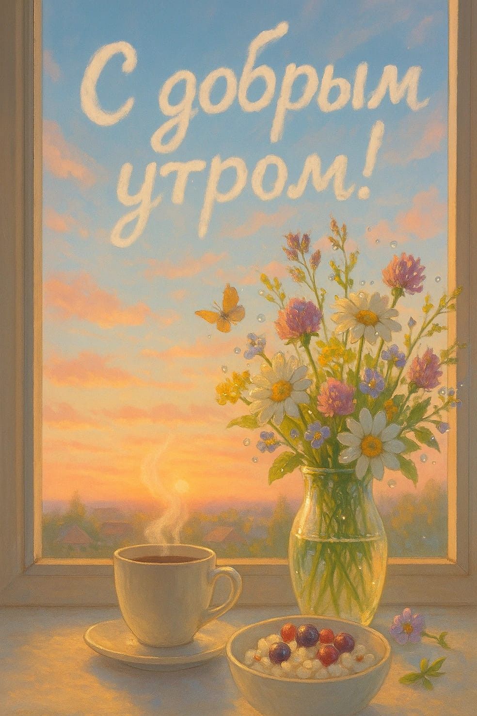 Открытка «С добрым утром»: Доброе утро: нежность рассвета и аромат кофе. Тэги: пожелание, позитивная, отличное настро…
