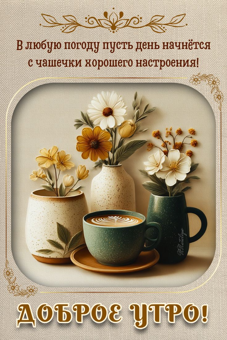 Открытка «С добрым утром»: Доброе утро: уют, кофе и нежные цветы. Тэги: хорошего дня, пожелание, позитивная, отличное…