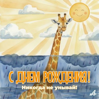 Открытка «С днем рождения»: С днем рождения! Солнечный жираф над дождем. Тэги: животное, пожелание, позитивная, улыбка…