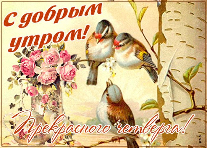 Открытка «С добрым утром»: С добрым утром четверга! Птички и нежные розы. Тэги: хорошего дня, пожелание, позитивная…