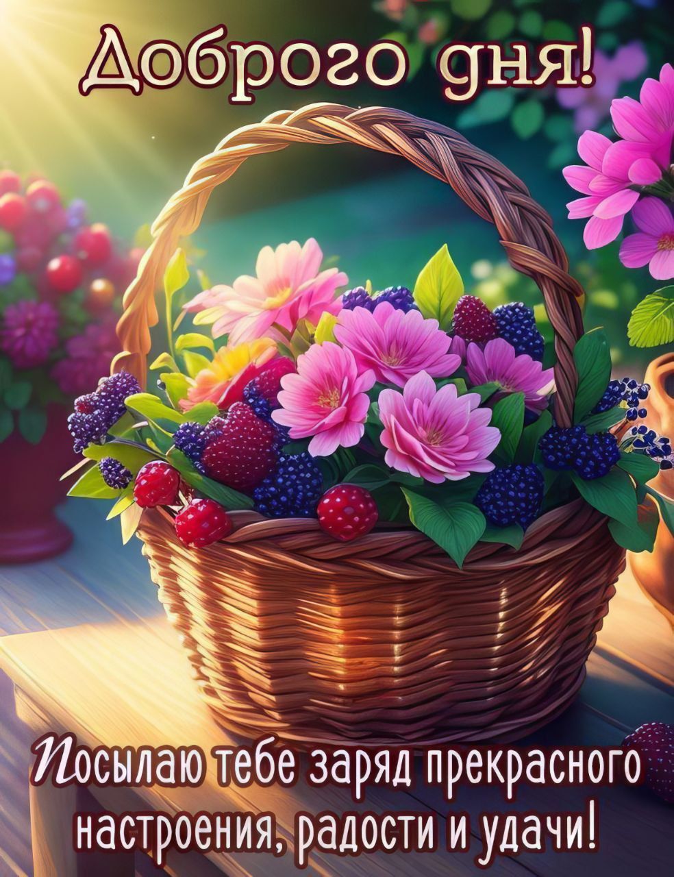 Открытка «Пожелание»: Цветущий день и заряд позитива в корзине. Тэги: позитивная, красивая, радость, цветок, настроен…