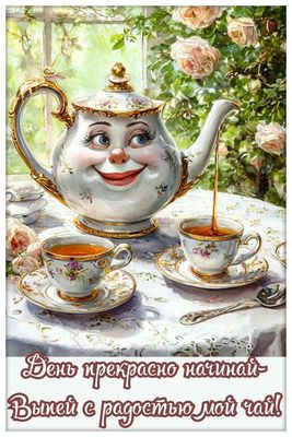 Открытка «С добрым утром»: Веселый чайник зовет: прекрасный чай для доброго утра. Тэги: С добрым, летним утром…