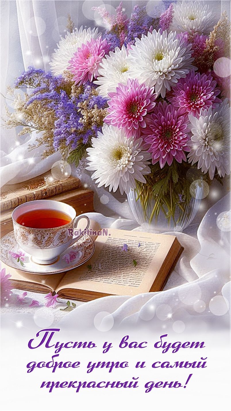 Открытка «С добрым утром»: Нежное доброе утро: цветы, чай и прекрасный день!. Тэги: пожелание, позитивная, утро…