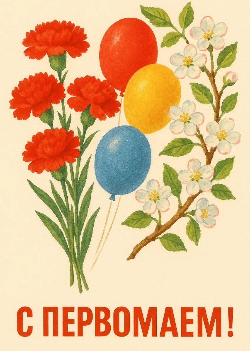 Открытка «Добрый день»: С Первомаем! Цветущий майский день. Тэги: Хорошего настроения, пожелание, радость, надпись…