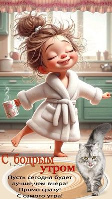 Открытка «С добрым утром»: С добрым утром! Веселое начало дня с улыбкой и котом. Тэги: С добрым утром, с котами!…
