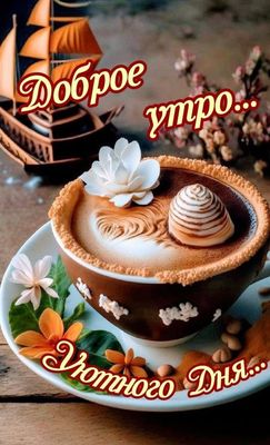 Открытка «С добрым утром»: Доброе утро: ароматный кофе и уютный день. Тэги: С добрым, необычным утром, С добрым…
