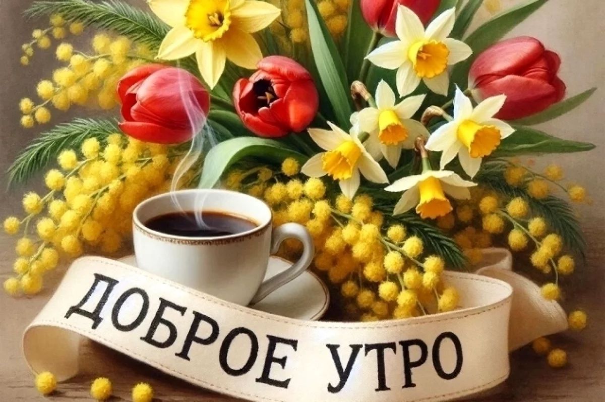 Открытка «С добрым утром»: Доброе утро с весенними цветами и ароматным кофе. Тэги: пожелание, позитивная, утро…