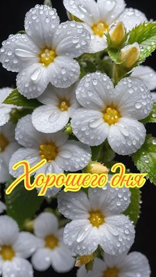 Открытка «Хорошего дня»: Хорошего дня! Нежные цветы в росе. Тэги: пожелание, позитивная, утро, красивая, цветок…