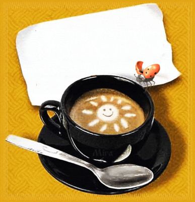 Открытка «С добрым утром»: Солнечное утро: кофе, улыбка и божья коровка!. Тэги: Анимированное доброе утро, С добрым…