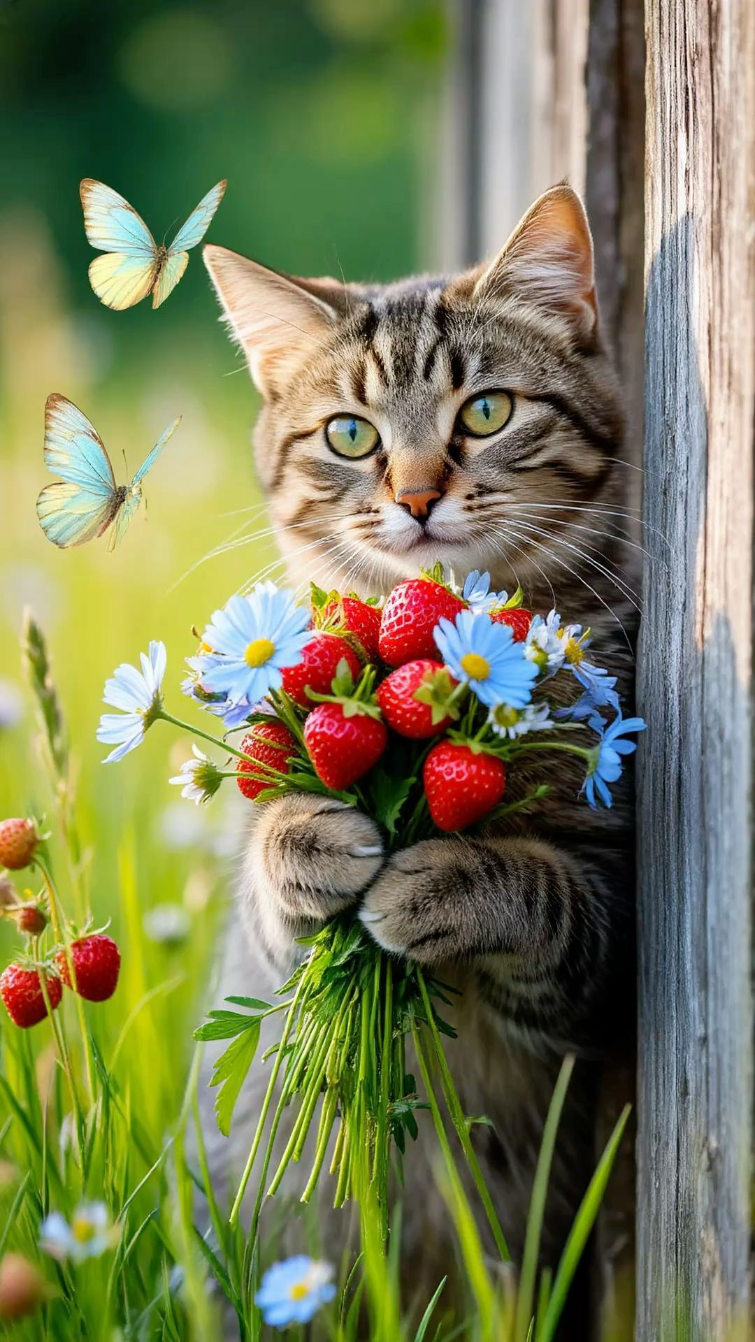 Открытка «С добрым утром»: Доброе утро с милым котом и летним букетом!. Тэги: хорошего дня, кот, животное, пожелание…