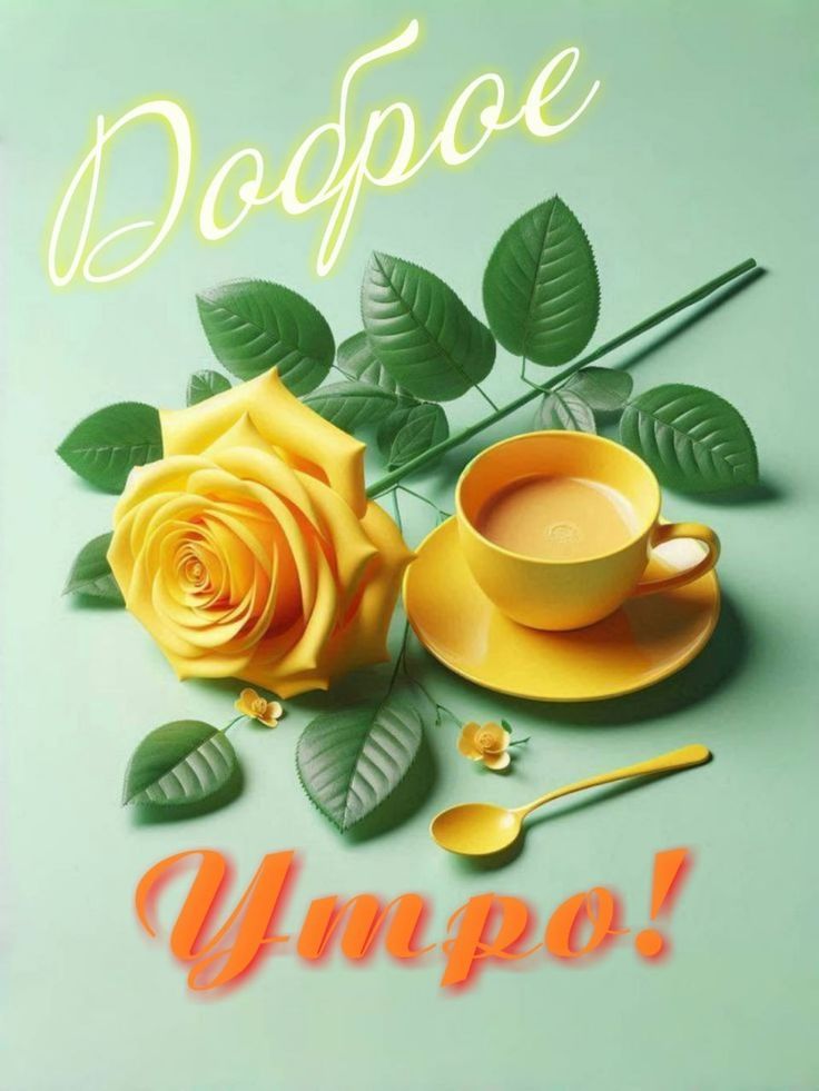 Открытка «С добрым утром»: Доброе утро! Желтая роза и чашка кофе. Тэги: С добрым, кофейным утром, С добрым утром с цв…