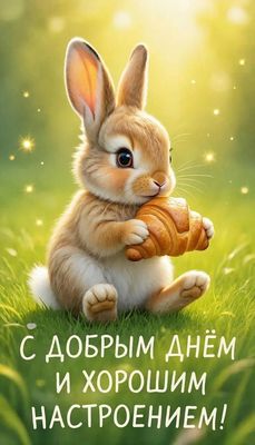 Открытка «Добрый день»: С добрым днём и настроением! Милый кролик с круассаном. Тэги: Добрый день и добрые пожелания…