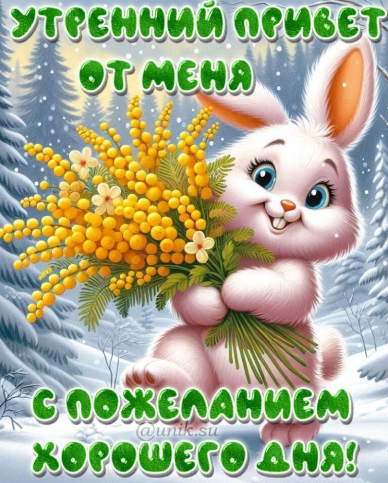 Открытка «С добрым утром»: Нежный утренний привет от зайчика с мимозой. Тэги: Хорошего дня, С добрым зимним утром…