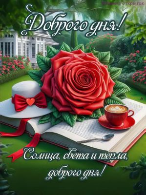Открытка «Хорошего дня»: Доброго дня: роза, кофе и тепло сада. Тэги: пожелание, позитивная, отличное настроение, утро…