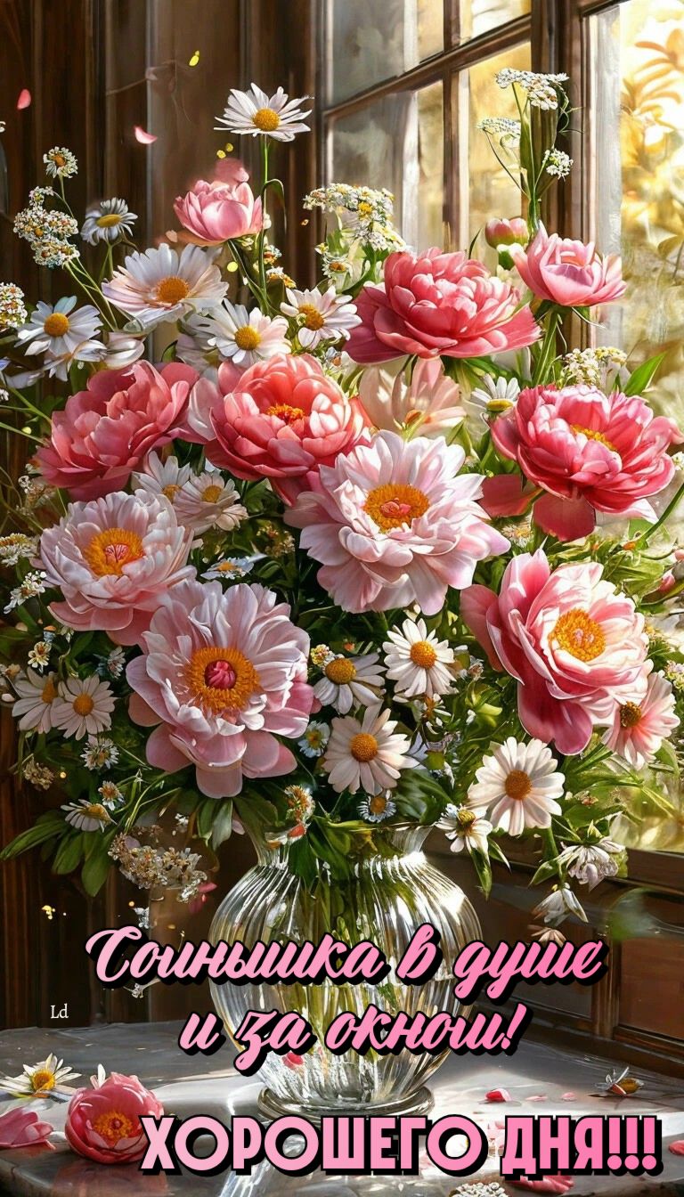 Открытка «С добрым утром»: Солнечный букет: нежность пионов и ромашек. Тэги: хорошего дня, пожелание, позитивная…