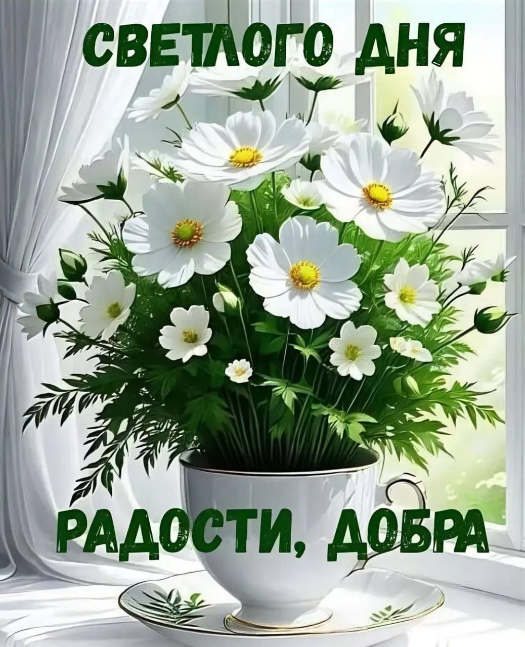 Открытка «Пожелание»: Нежный букет в чашке: светлого дня, радости, добра. Тэги: позитивная, утро, красивая, радость…