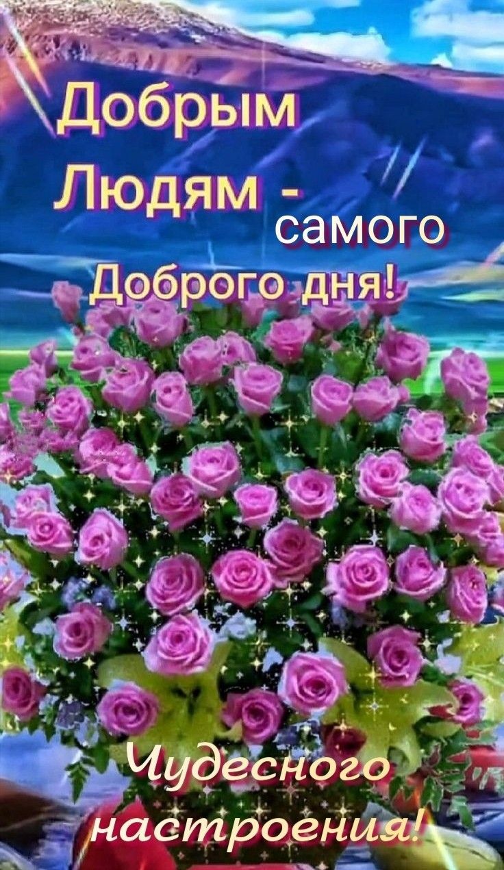 Открытка «Пожелание»: Добрым людям: чудесного настроения и доброго дня!. Тэги: позитивная, утро, красивая, цветок…