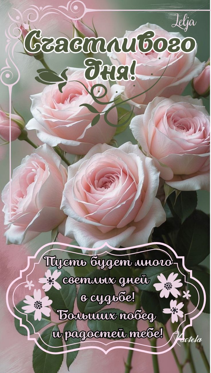 Открытка «С добрым утром»: Счастливого дня: нежные розы и добрые пожелания. Тэги: хорошего дня, пожелание, позитивная…