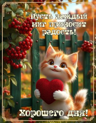 Открытка «Хорошего дня»: Котёнок с сердцем: пусть каждый миг приносит радость!. Тэги: кот, животное, пожелание…