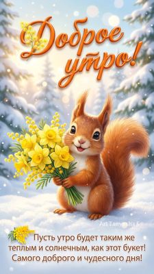 Открытка «С добрым утром»: Белочка с букетом весенних цветов: Доброе утро!. Тэги: С добрым зимним утром, С добрым утр…
