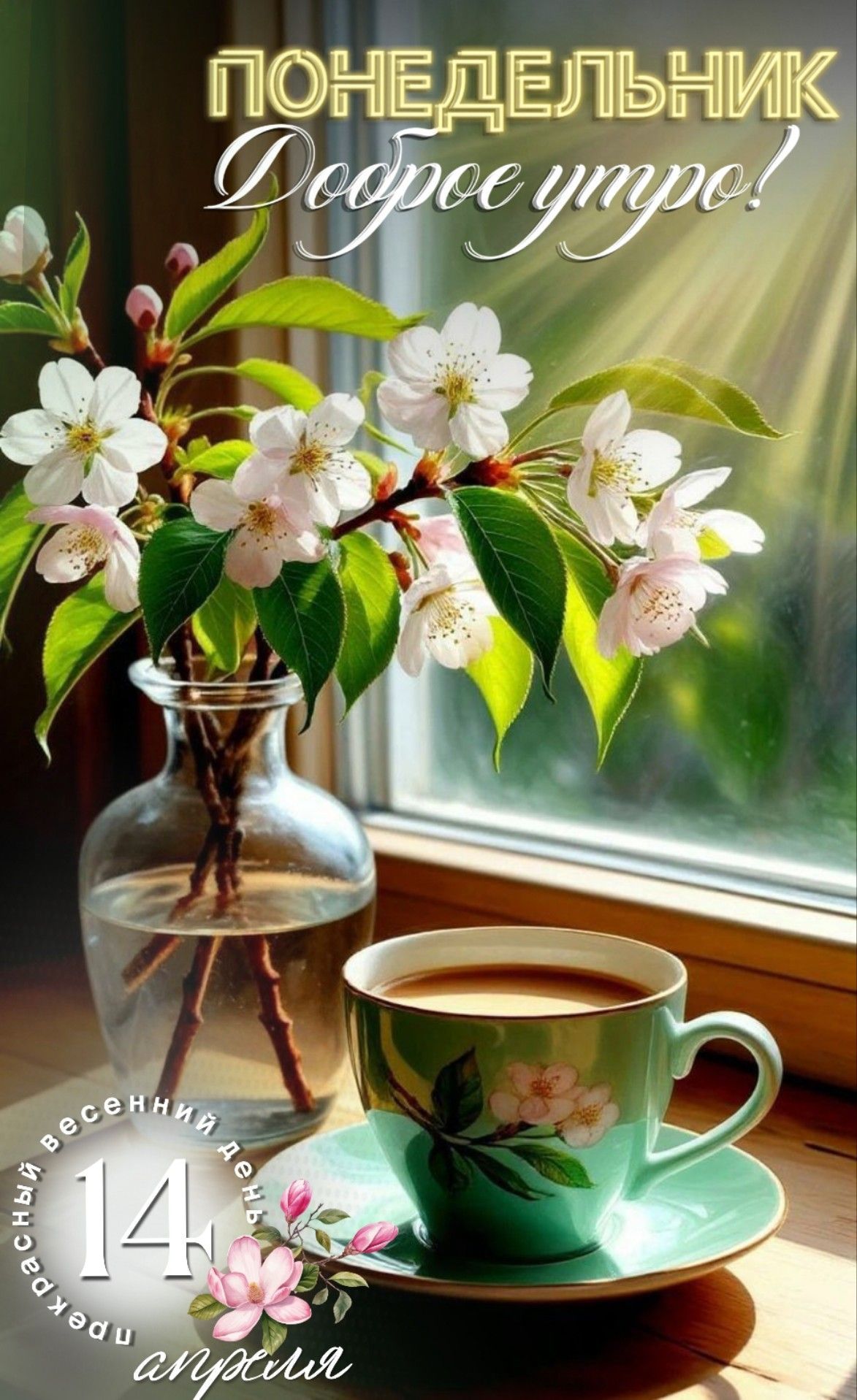 Открытка «С добрым утром»: Доброе утро, весенний понедельник!. Тэги: пожелание, позитивная, утро, красивая, кофе…