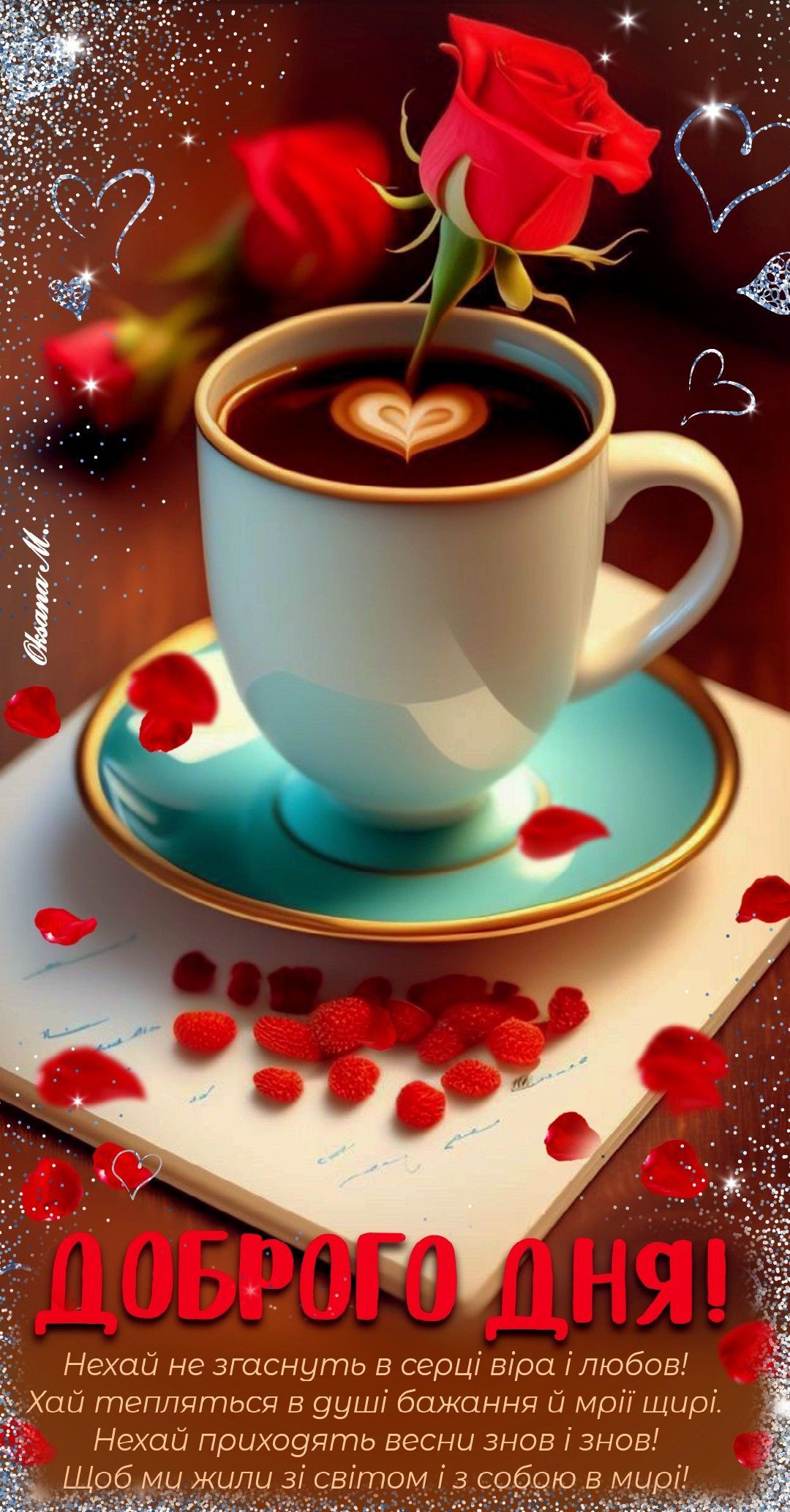 Открытка «Пожелание»: Доброго дня: с верой, любовью и ароматом кофе. Тэги: позитивная, любимому, красивая, кофе…