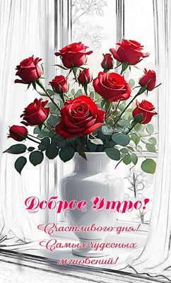 Открытка «С добрым утром»: Нежное доброе утро с алыми розами. Тэги: пожелание, позитивная, утро, красивая, цветок…