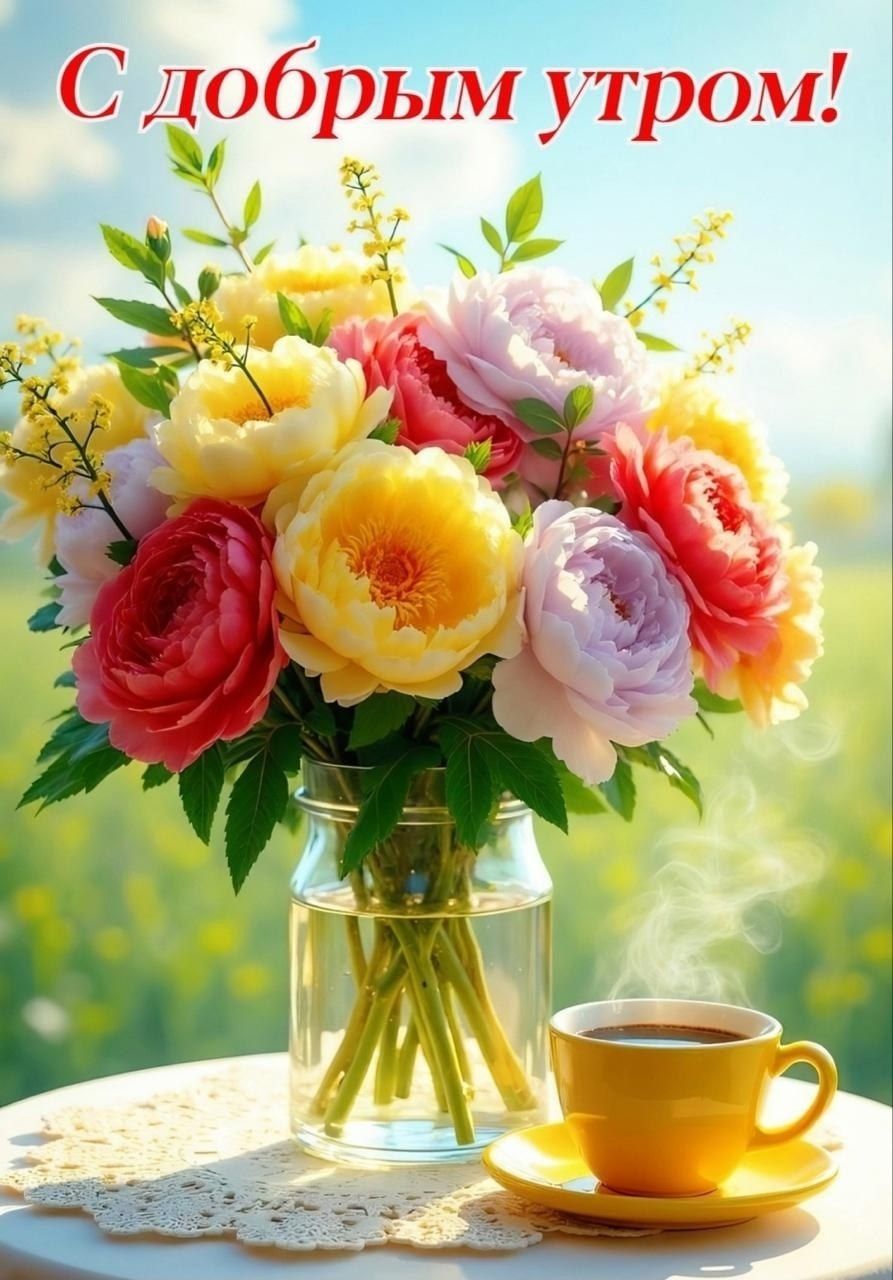 Открытка «С добрым утром»: Утренний букет и ароматный кофе. Тэги: пожелание, позитивная, утро, красивая, кофе, цветок…