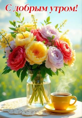 Открытка «С добрым утром»: Утренний букет и ароматный кофе. Тэги: пожелание, позитивная, утро, красивая, кофе, цветок…