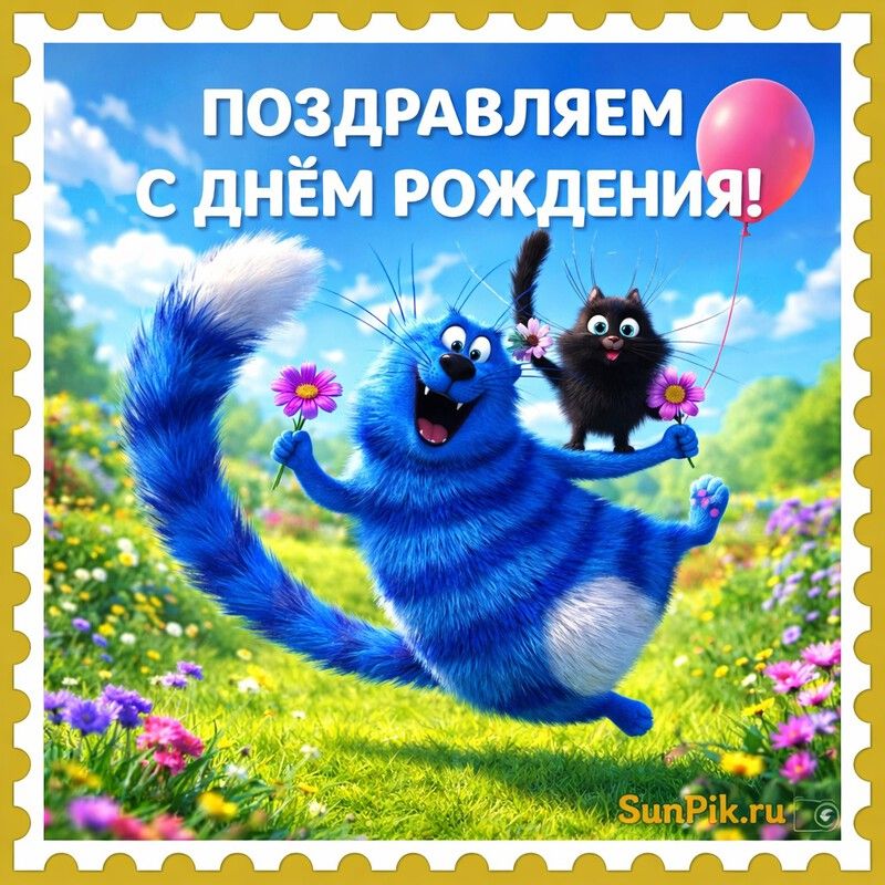 Открытка «С днем рождения»: С днём рождения! Весёлые коты в цветочном поле. Тэги: кот, животное, пожелание, позитивная…