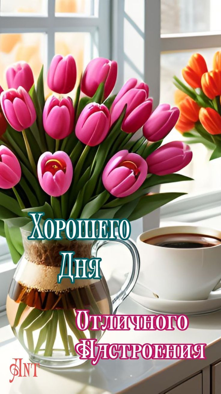 Открытка «С добрым утром»: Весеннее утро с тюльпанами и кофе. Тэги: хорошего дня, пожелание, позитивная, отличное нас…