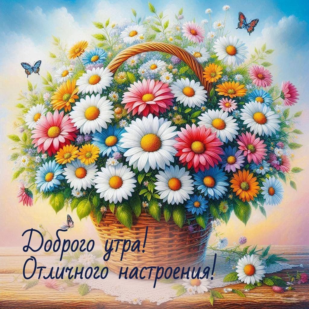 Открытка «С добрым утром»: Яркое утро: букет ромашек и бабочки. Тэги: пожелание, позитивная, утро, красивая, добрый д…
