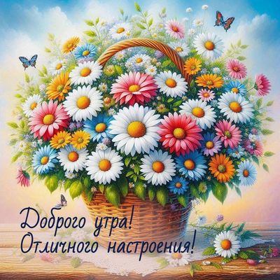 Открытка «С добрым утром»: Яркое утро: букет ромашек и бабочки. Тэги: пожелание, позитивная, утро, красивая, добрый д…