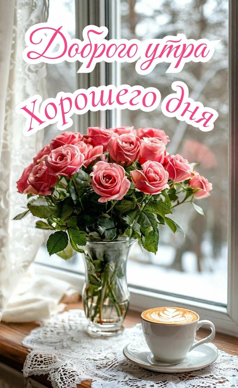 Открытка «С добрым утром»: Зимнее утро с букетом роз и ароматным кофе. Тэги: хорошего дня, пожелание, позитивная, утро…