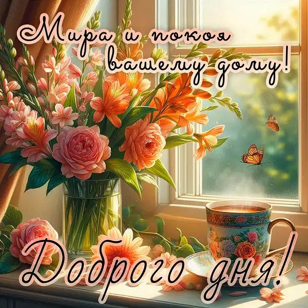 Открытка «Пожелание»: Доброго дня и мира вашему дому!. Тэги: позитивная, утро, красивая, цветок, чай, уют, окно…