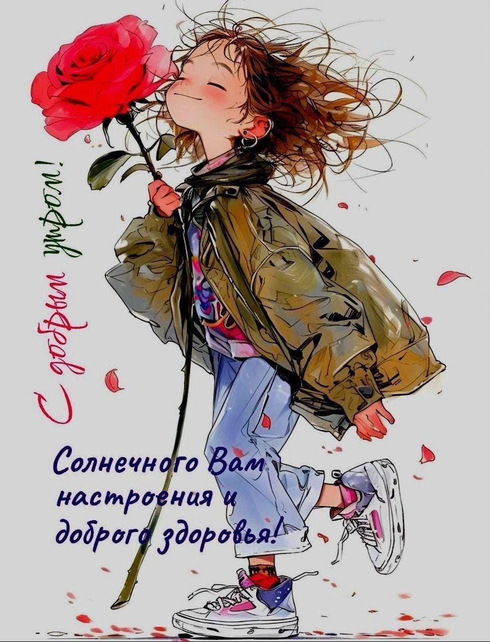 Открытка «С добрым утром»: С добрым утром! Ароматная роза для настроения. Тэги: пожелание, позитивная, улыбка, девушка…