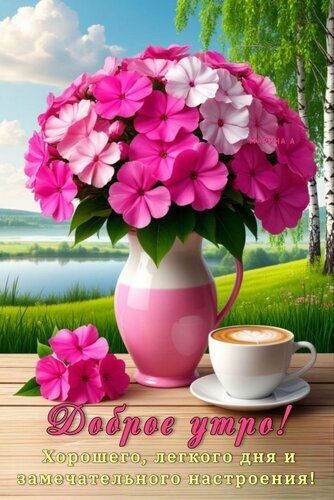 Открытка «С добрым утром»: Доброе утро с нежными цветами и ароматным кофе. Тэги: хорошего дня, пожелание, позитивная…