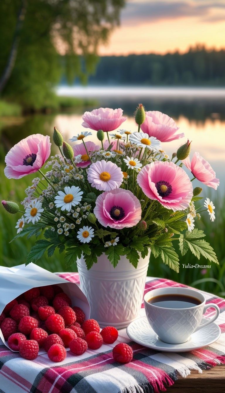 Открытка «Пожелание»: Прекрасное утро: цветы, кофе и ягоды. Тэги: утро, красивая, кофе, цветок, чашка, лето, природа…