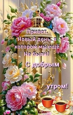 Открытка «Пожелание»: С добрым утром! Новый день, позитив и цветы. Тэги: утро, красивая, кофе, позитив, сердце, цветок…