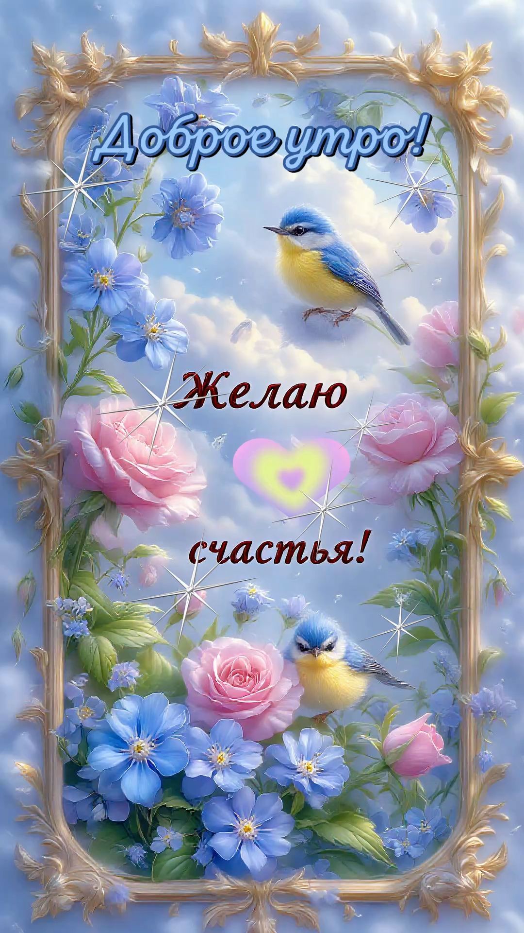 Открытка «Пожелание»: Доброе утро и счастья! Открытка с птицами и цветами. Тэги: утро, друг, хорошее настроение…